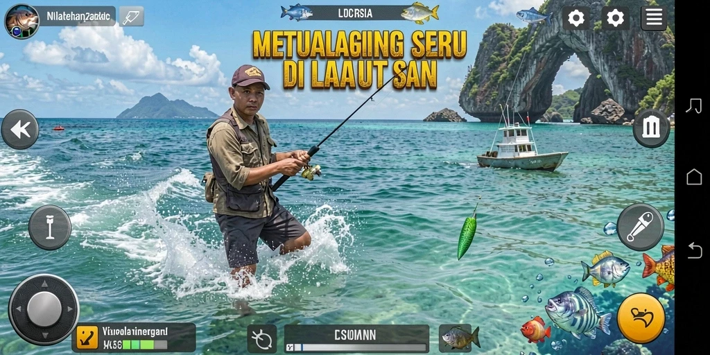 Tampilan gameplay Fishing di 5ZK dengan ikan-ikan menari di air.