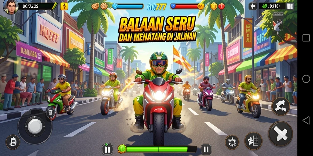 Tampilan gameplay HQ777 dengan mobil balap yang cepat dan trek menantang.