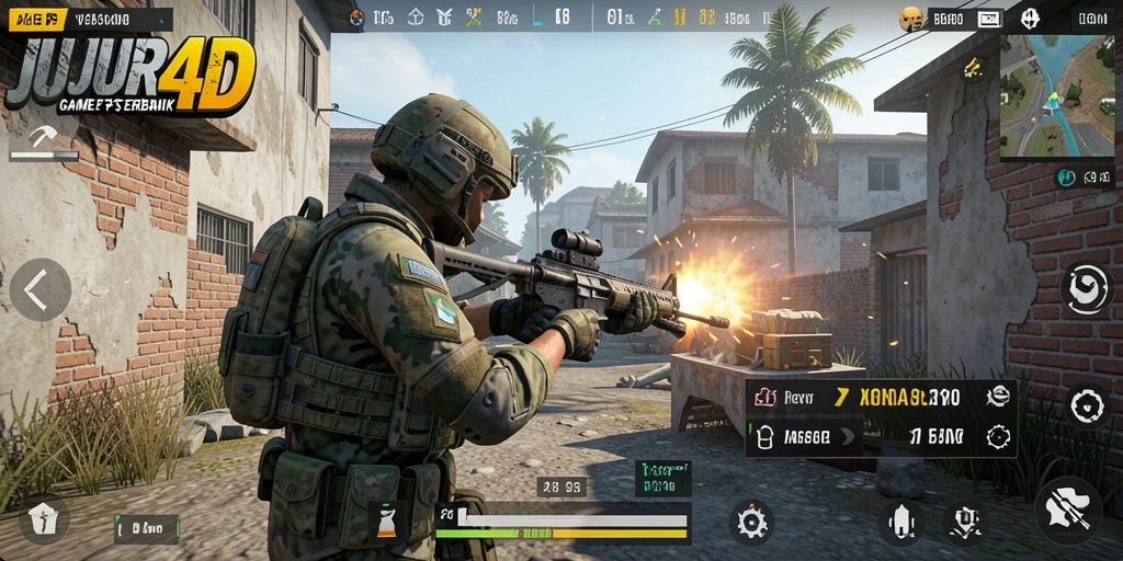 Tampilan gameplay mendebarkan dari JUJUR4D dalam aksi FPS.