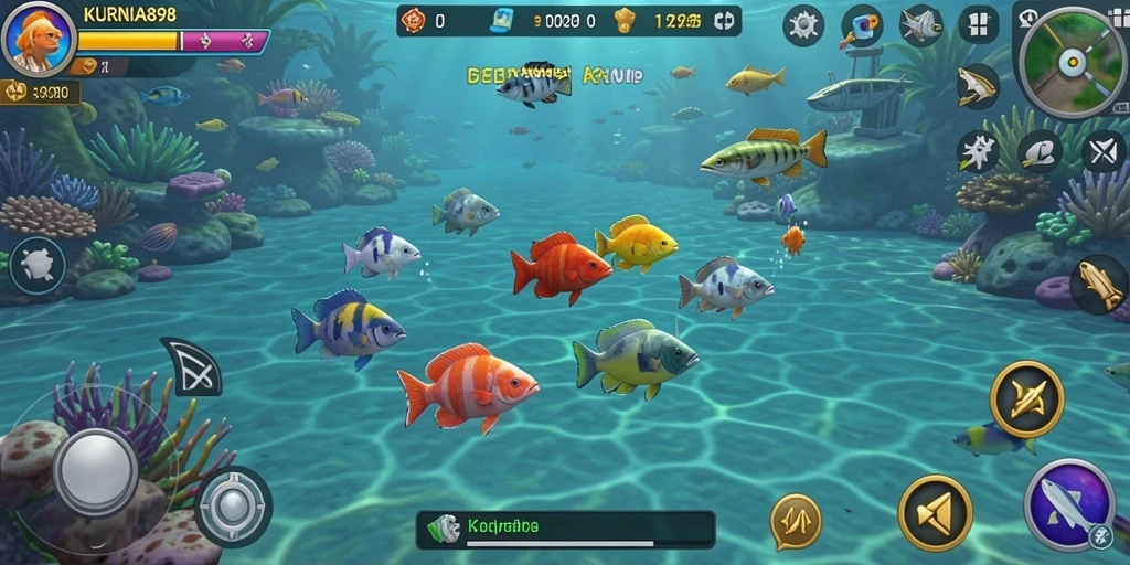 Tampilan gameplay seru di KURNIA898 dengan ikan berwarna-warni.