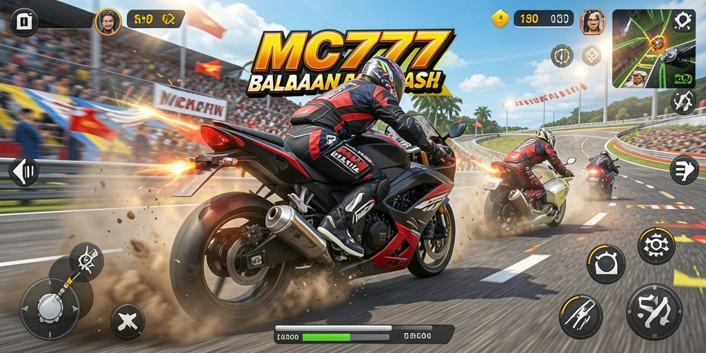 Screenshot utama gameplay balapan motor yang mendebarkan dalam MC777.