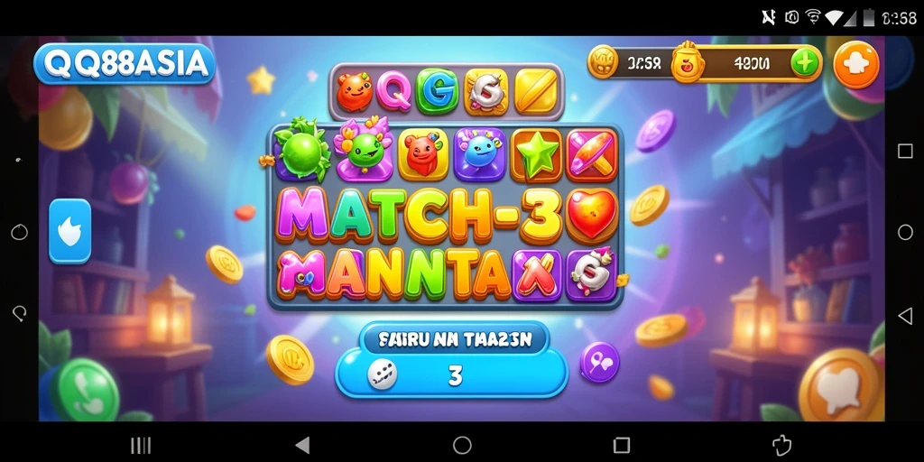 Tampilan gameplay seru di QQ88ASIA dengan kombinasi objek Match-3.